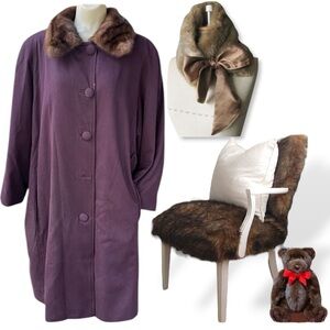 Winters Fur Mink Lined Wool Blend Plum Trench Coat FLAWED /REPURPOSE READY